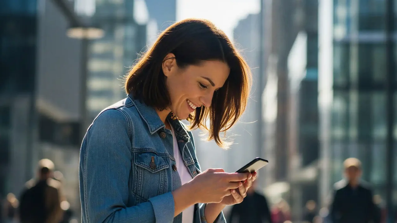 Woman smiling while using her phone on a street with commercial buildings in the background