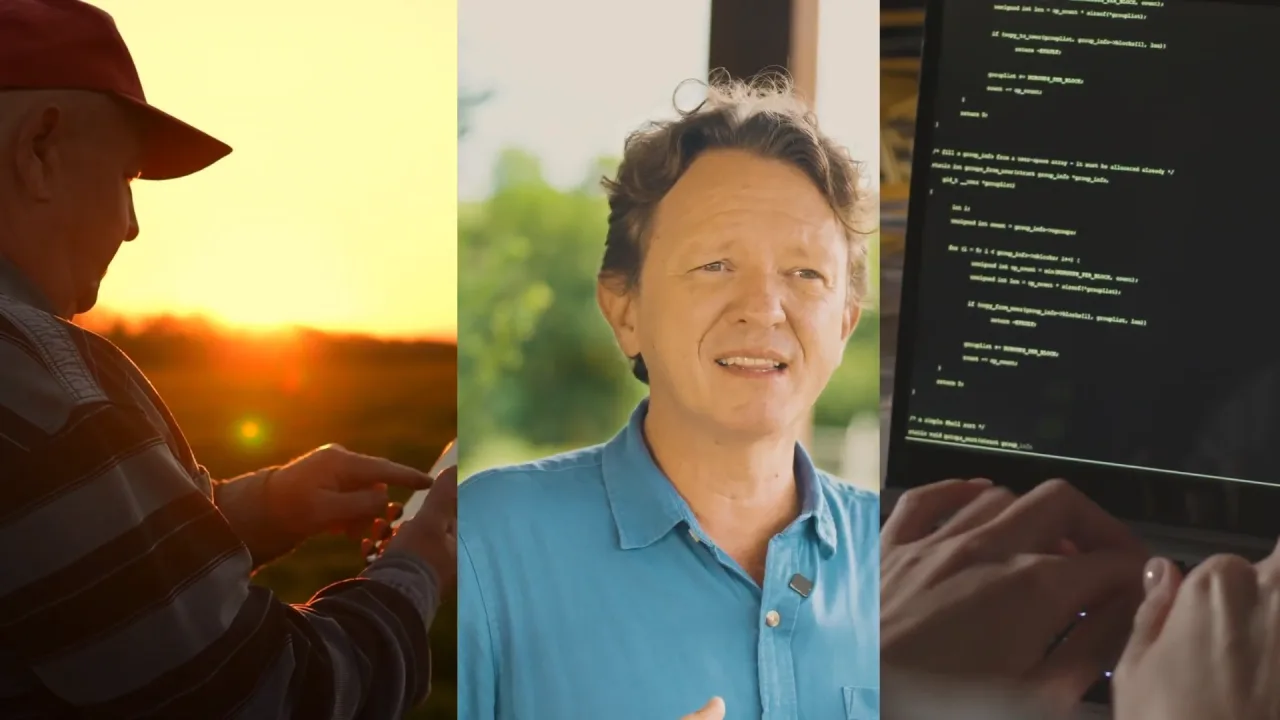 Cenas do projeto: agricultor no campo ao pôr do sol, Roberson Marczak em entrevista e o desenvolvimento do aplicativo