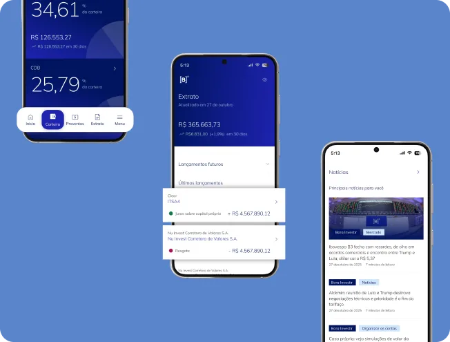 Telas do app de investimentos da B3: carteira e proventos
