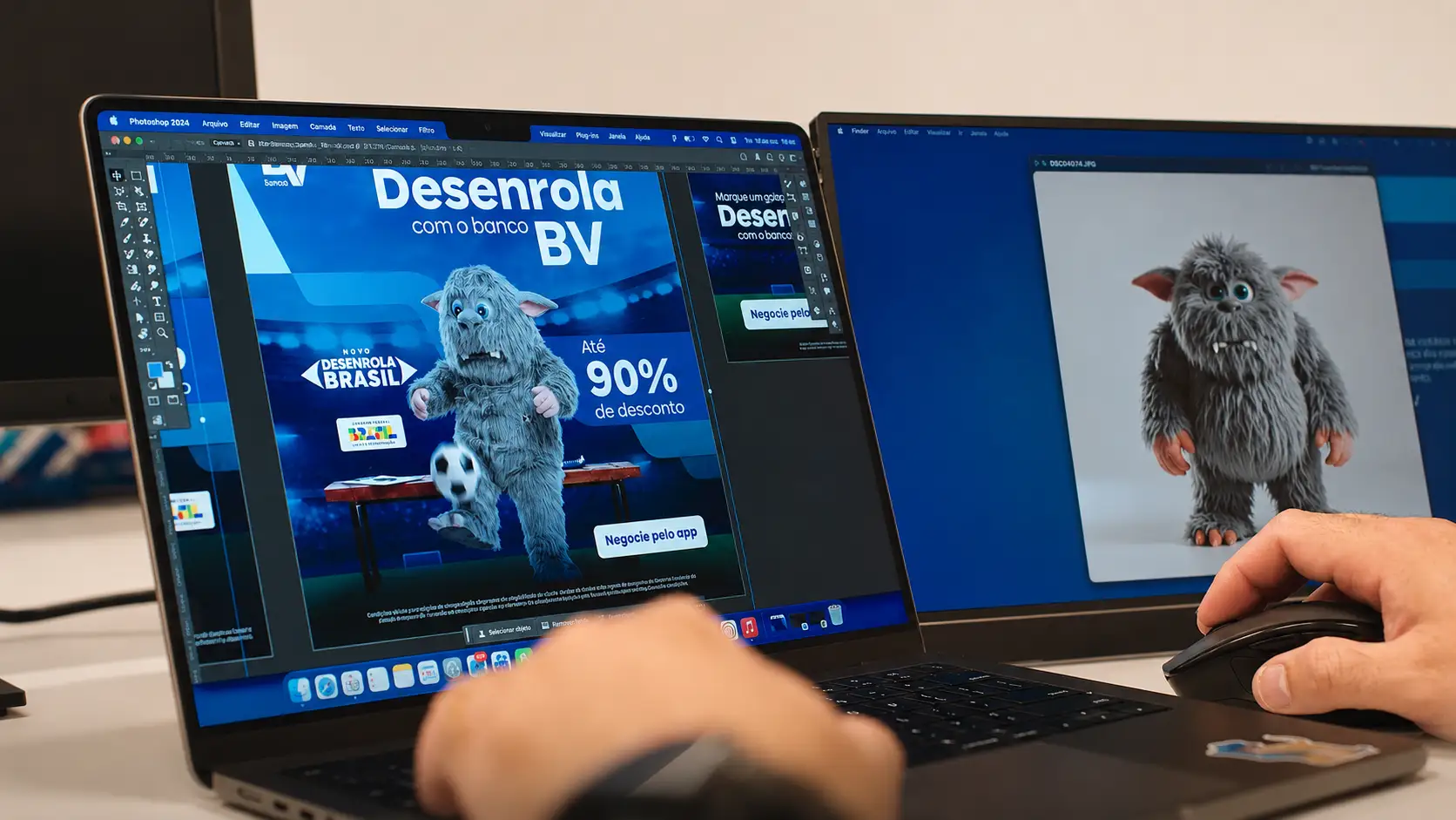 Designer editando no Photoshop uma peça de campanha com o mascote peludo do banco BV, ao lado de outra tela com o modelo 3D do personagem