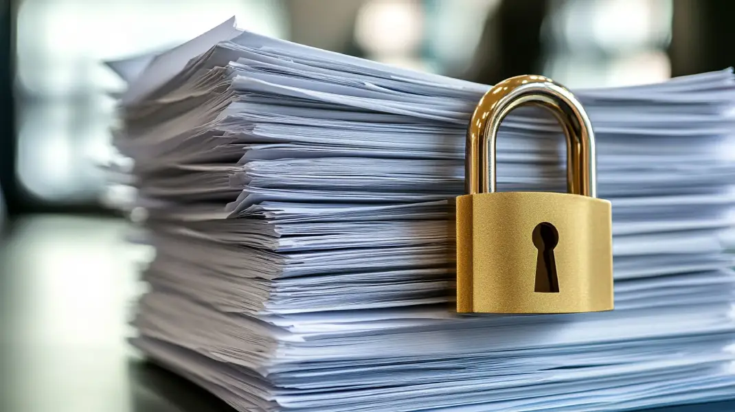Stack of documents with a padlock, symbolizing data security and auditing