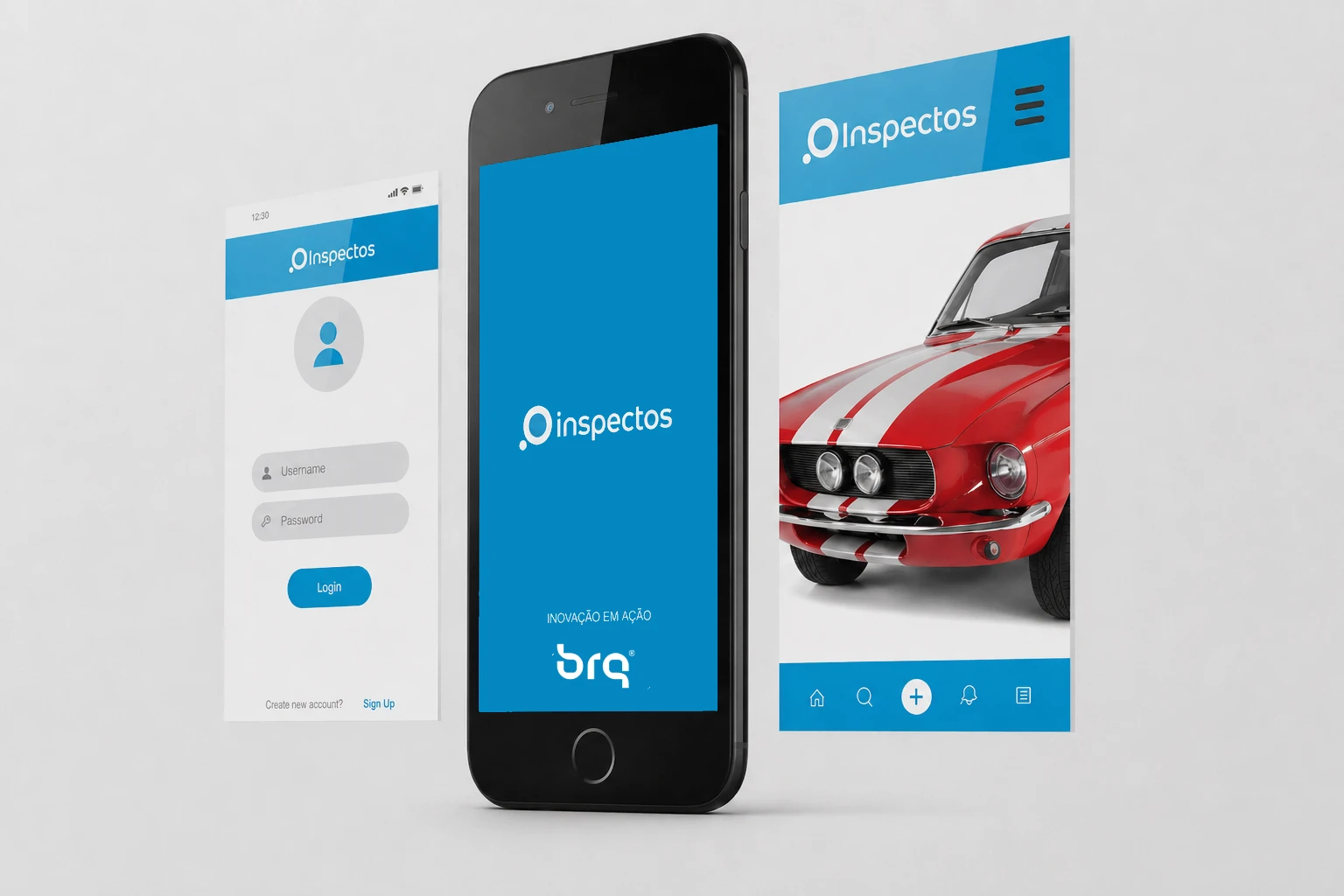 Screens from the Inspectos app: login, opening screen with the BRQ brand, and vehicle listing for inspection