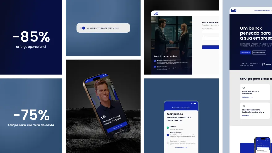 Montagem do produto BS2: telas do app de abertura de conta, reconhecimento facial e o site do banco