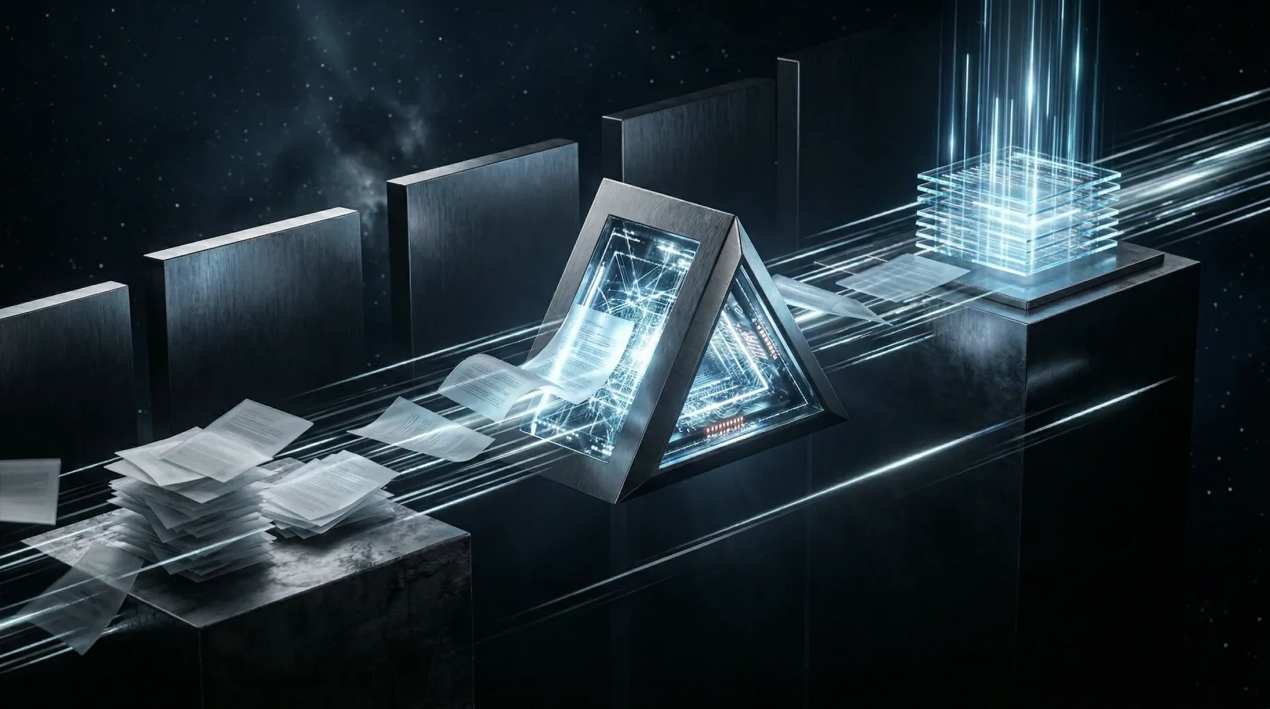Ilustração 3D de documentos sendo processados por um portal futurista de verificação
