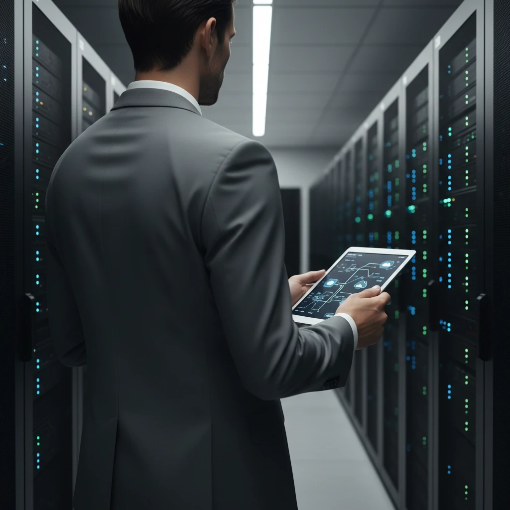 Profesional de traje analizando un diagrama de migración a la nube en una tablet, dentro de un data center
