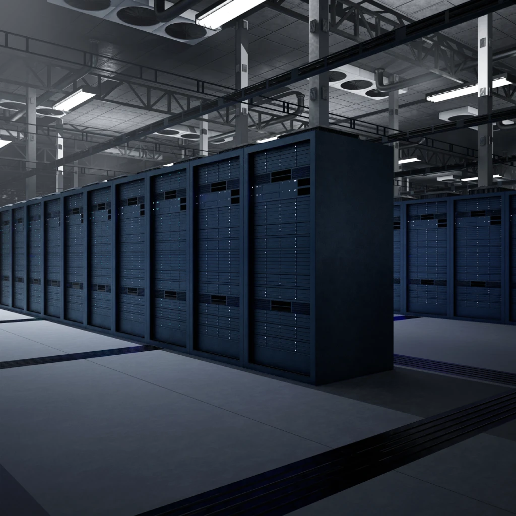 Pasillo de un data center con filas de racks de servidores