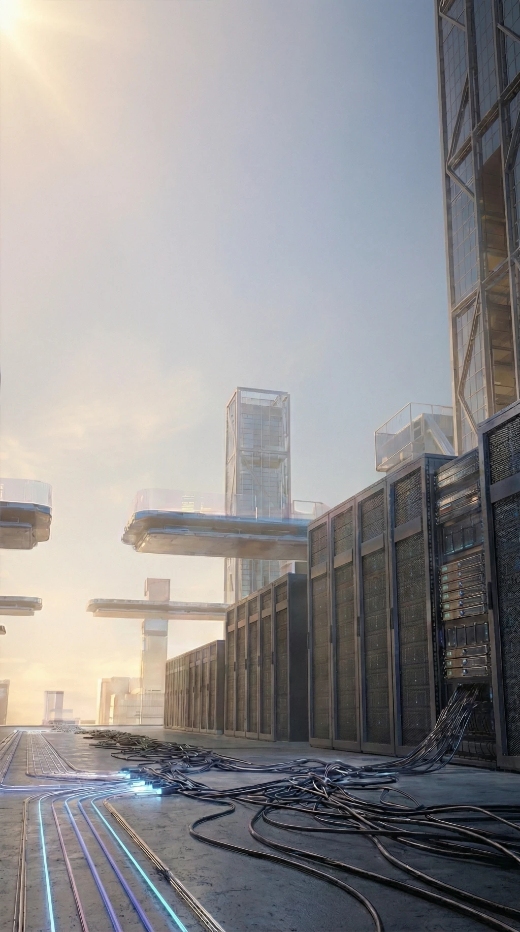 Vista futurista de un data center con racks de servidores y cables luminosos entre rascacielos