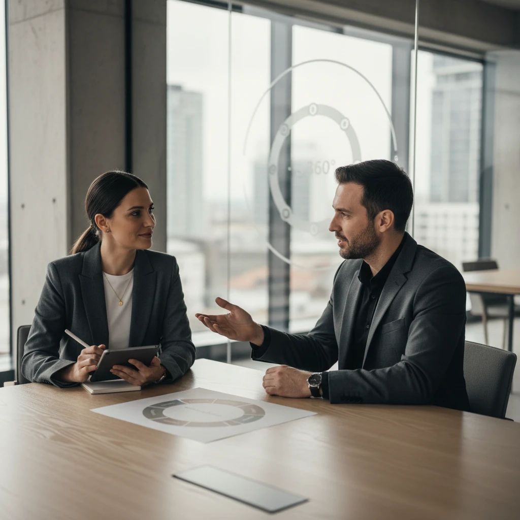 Dois profissionais em reunião discutindo um diagrama de visão 360° do cliente