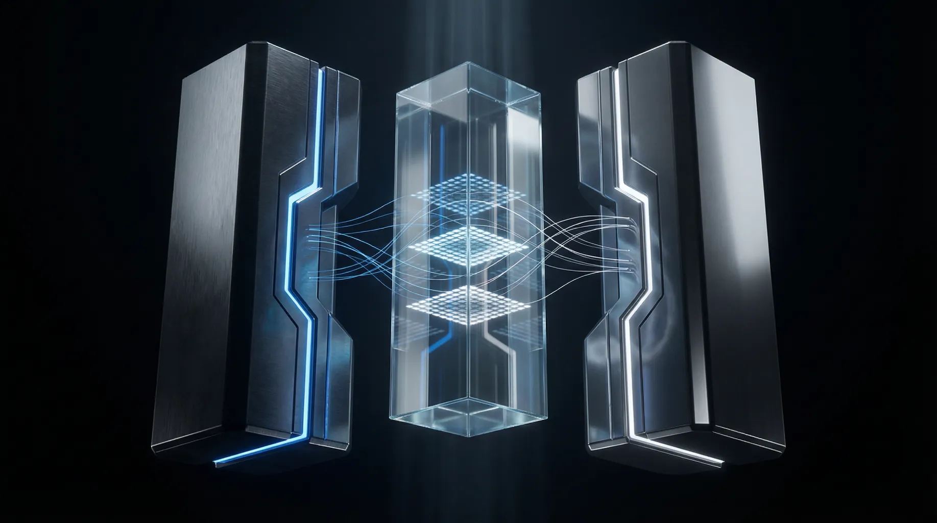 Ilustração 3D abstrata representando integração de dados entre sistemas