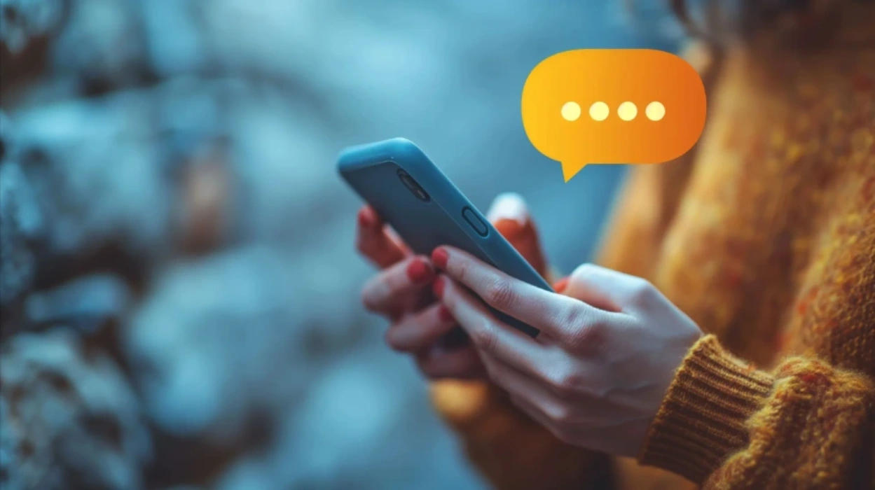 Mãos segurando um celular ao receber uma notificação de mensagem