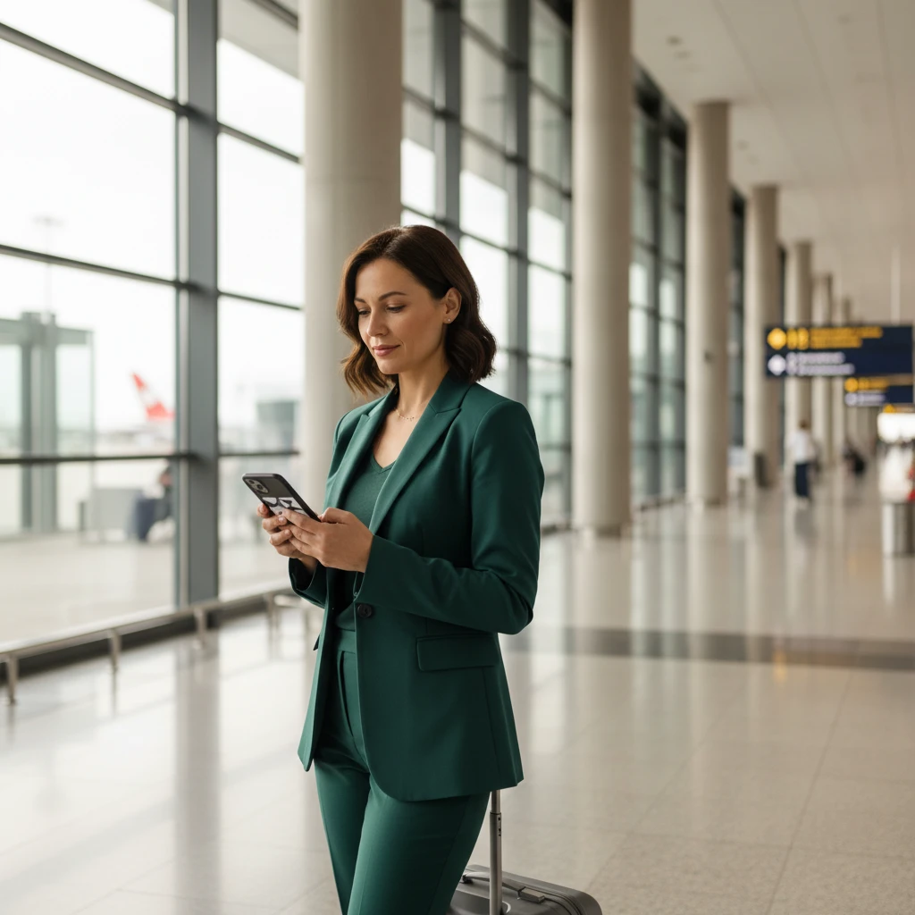 Mulher de terno em aeroporto consultando o celular ao lado da mala de viagem