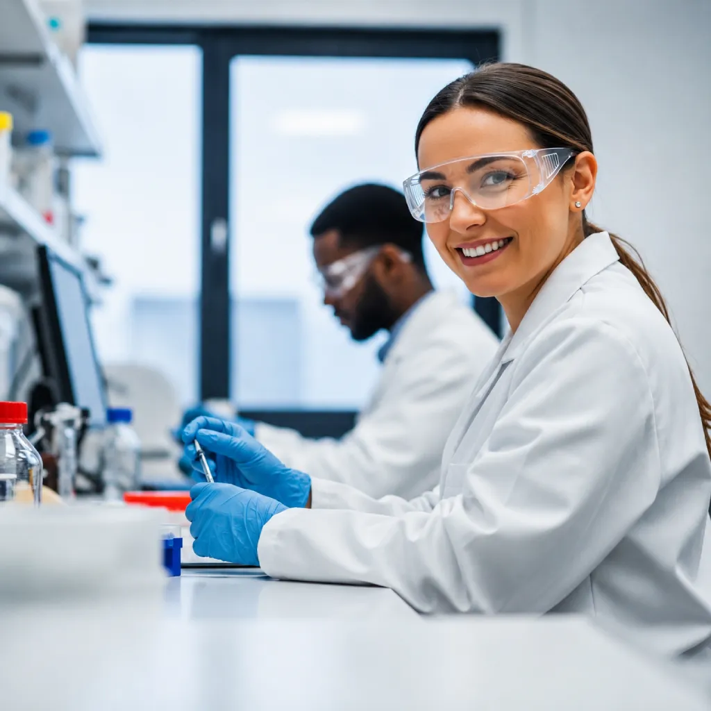Duas pessoas em jalecos de laboratório, uma delas sorrindo para a câmera com luvas azuis e óculos de proteção