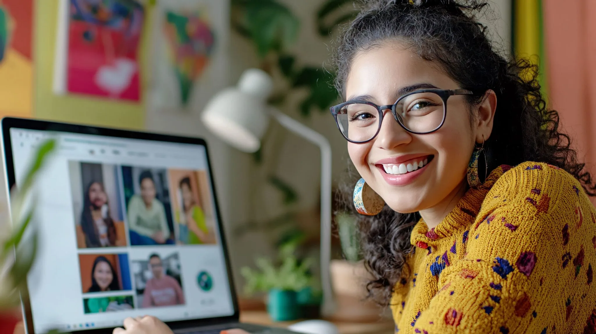 Jovem em videochamada pelo notebook, cercada por trabalhos de arte