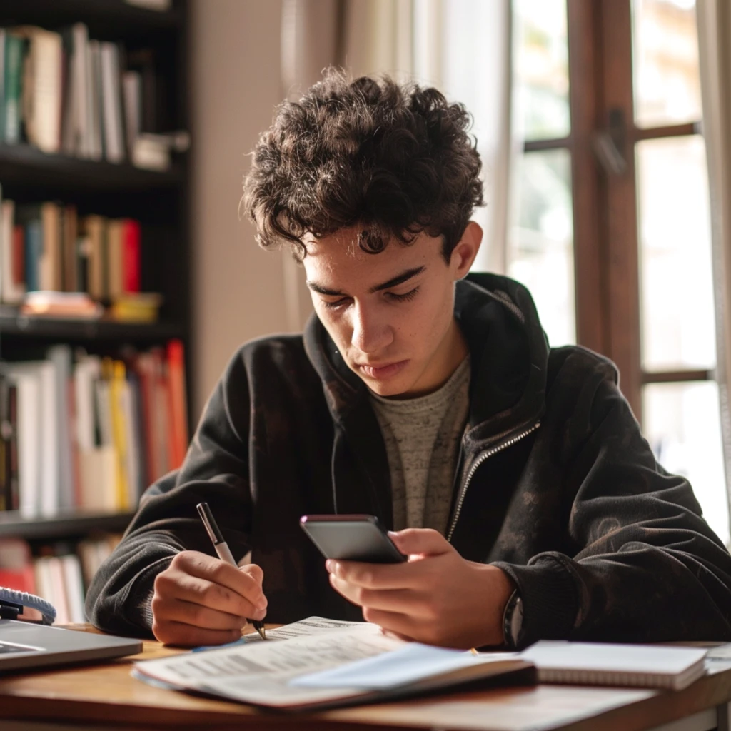 Jovem estudando em casa, escrevendo no caderno enquanto consulta o celular
