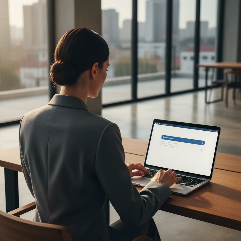 Profissional analisando documentos no notebook em um escritório corporativo