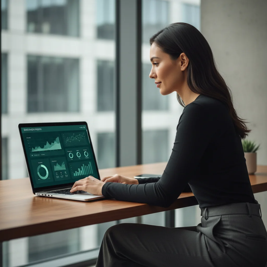 Mulher analisando dashboards de indicadores operacionais em um notebook