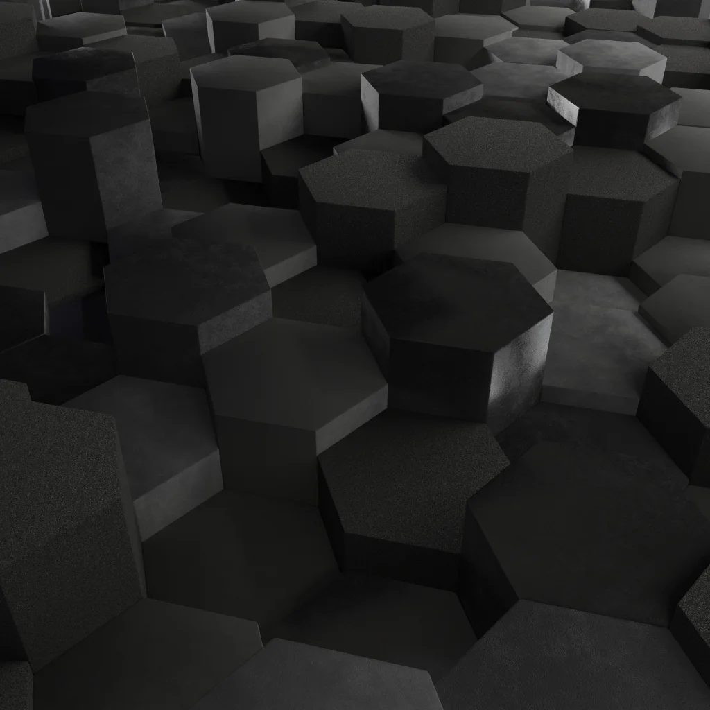 Padrão abstrato de hexágonos em 3D, representando a estrutura conectada das fábricas