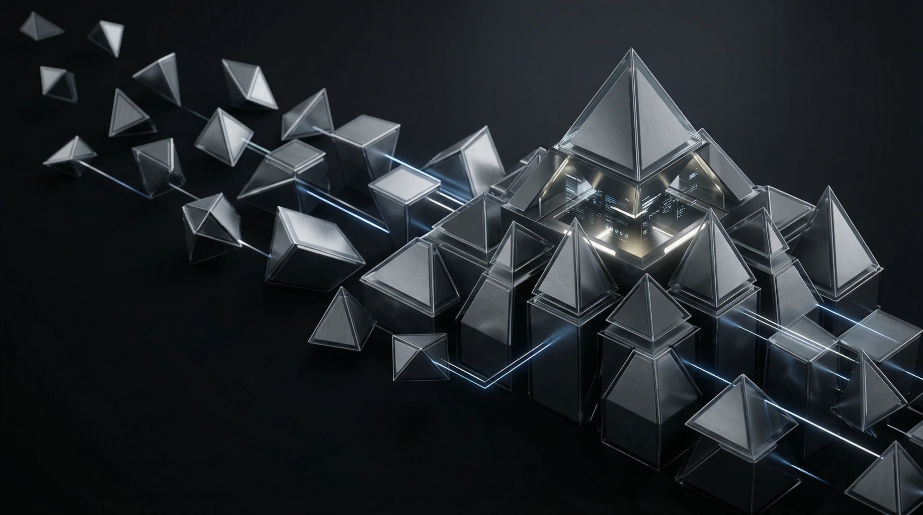 Ilustração 3D abstrata de pirâmides conectadas por linhas de dados, representando a consolidação de indicadores de múltiplas fábricas