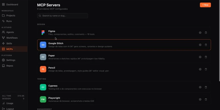 List of MCP servers configured in Fusion Agents, grouped by tool category.