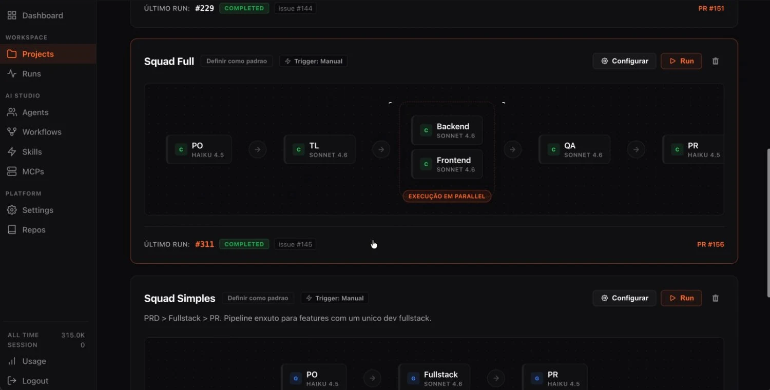 Fusion Agents screen: a squad pipeline chaining the PO, tech lead, back end, front end and QA agents, with back end and front end marked as running in parallel.