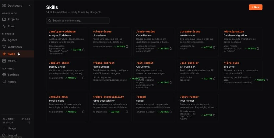 Fusion Agents skill catalog, in cards with the name, description and arguments of each ability.