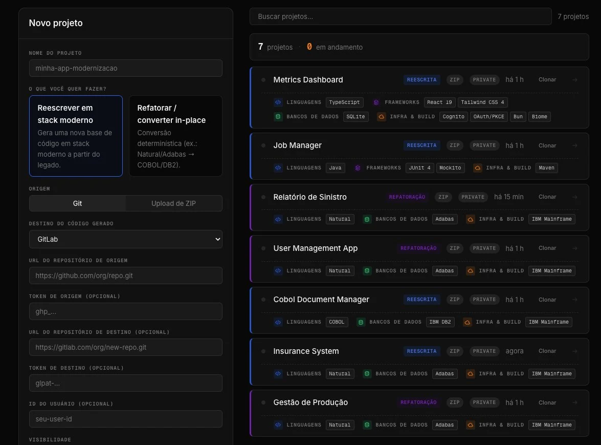 Fusion Modernization screen: new project form, with the choice between rewriting in a modern stack or refactoring in place, next to the list of projects in Natural, COBOL and mainframe.