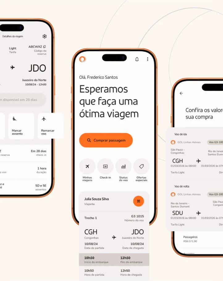 Tres pantallas de la app de GOL: los detalles del viaje con selección de asiento, la home con el acceso para comprar pasaje y el resumen de una compra con vuelos de ida y vuelta.